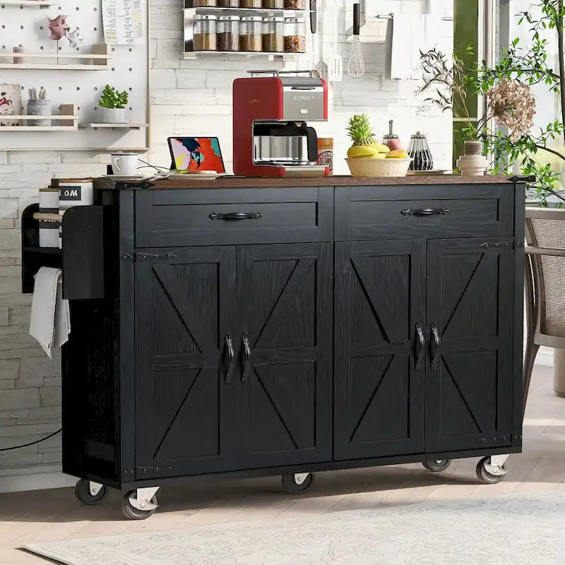 Desserte de cuisine de ferme avec prise de courant, abattant, porte-épices et tiroirs, chariot mobile sur roulettes