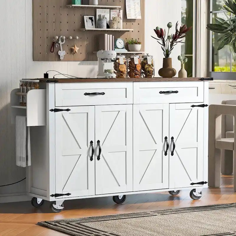 Desserte de cuisine de ferme avec prise de courant, abattant, porte-épices et tiroirs, chariot mobile sur roulettes