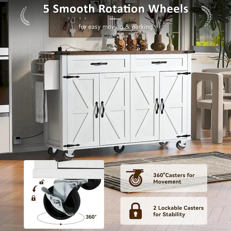 Desserte de cuisine de ferme avec prise de courant, abattant, porte-épices et tiroirs, chariot mobile sur roulettes