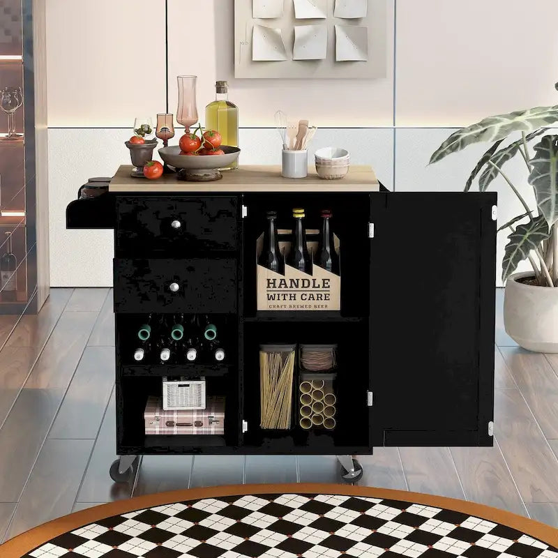 Desserte de cuisine en bois d'hévéa avec abattant, étagère de rangement interne, porte-serviettes, porte-épices et 2 tiroirs