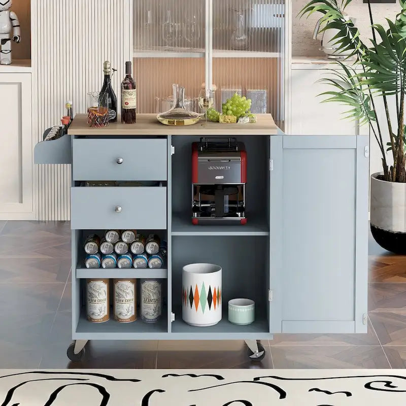 Rubberwood Kitchen Cart with Drop Leaf, Internal Storage Rack, Towel Holder, Spice Rack, and 2 drawers