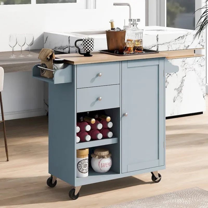 Desserte de cuisine en bois d'hévéa avec abattant, étagère de rangement interne, porte-serviettes, porte-épices et 2 tiroirs