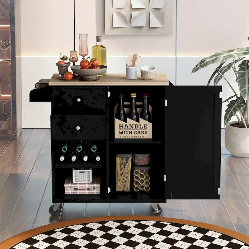 Desserte de cuisine en bois d'hévéa avec abattant, étagère de rangement interne, porte-serviettes, porte-épices et 2 tiroirs