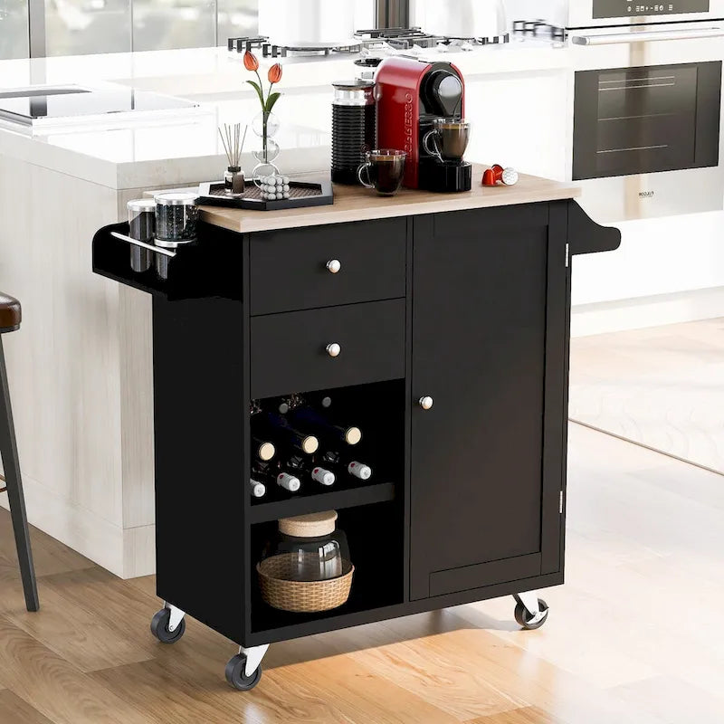 Desserte de cuisine en bois d'hévéa avec abattant, étagère de rangement interne, porte-serviettes, porte-épices et 2 tiroirs