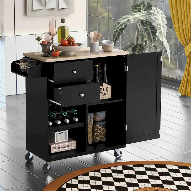 Desserte de cuisine en bois d'hévéa avec abattant, étagère de rangement interne, porte-serviettes, porte-épices et 2 tiroirs