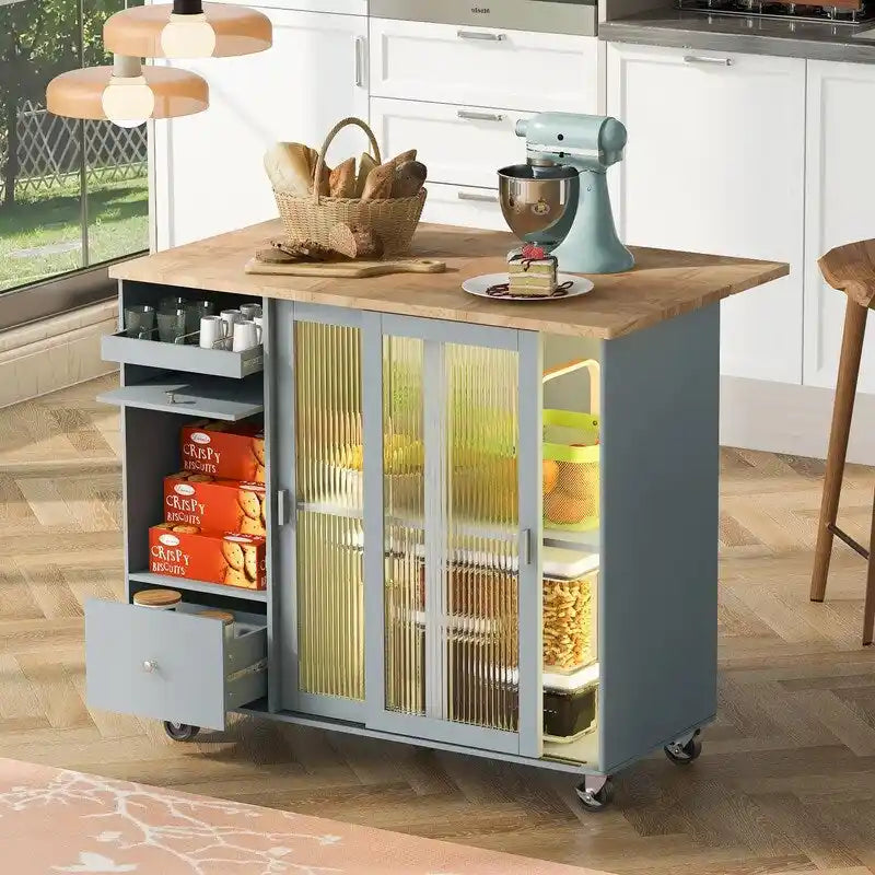 Desserte de cuisine à roulettes avec abattant, éclairage LED, 2 portes vitrées cannelées et 1 porte d'armoire basculante