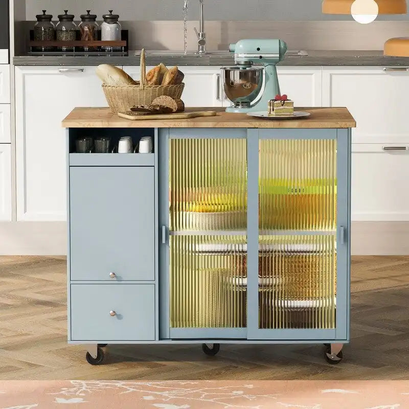 Desserte de cuisine à roulettes avec abattant, éclairage LED, 2 portes vitrées cannelées et 1 porte d'armoire basculante