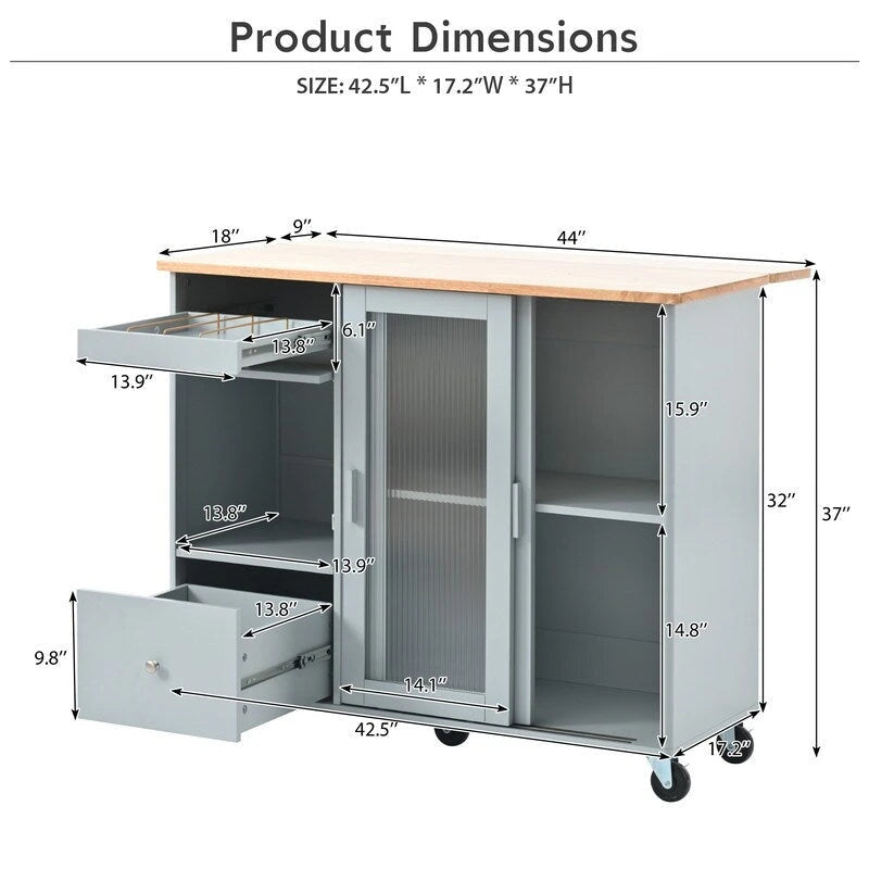 Desserte de cuisine à roulettes avec abattant, éclairage LED, 2 portes vitrées cannelées et 1 porte d'armoire basculante