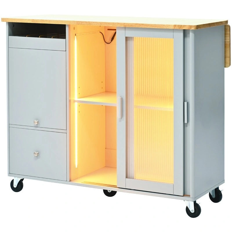 Desserte de cuisine à roulettes avec abattant, éclairage LED, 2 portes vitrées cannelées et 1 porte d'armoire basculante