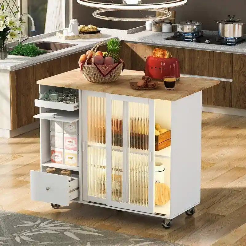 Desserte de cuisine à roulettes avec abattant, éclairage LED, 2 portes vitrées cannelées et 1 porte d'armoire basculante