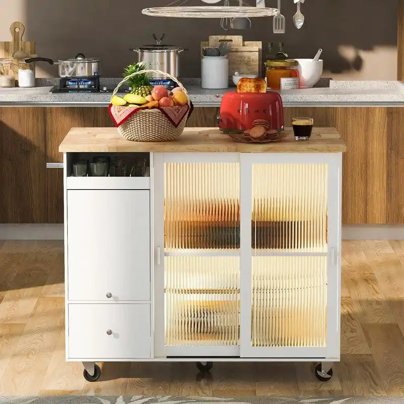 Desserte de cuisine à roulettes avec abattant, éclairage LED, 2 portes vitrées cannelées et 1 porte d'armoire basculante