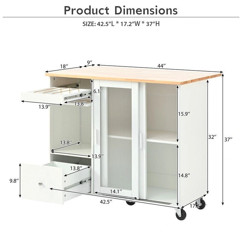 Desserte de cuisine à roulettes avec abattant, éclairage LED, 2 portes vitrées cannelées et 1 porte d'armoire basculante