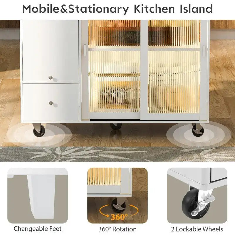 Desserte de cuisine à roulettes avec abattant, éclairage LED, 2 portes vitrées cannelées et 1 porte d'armoire basculante