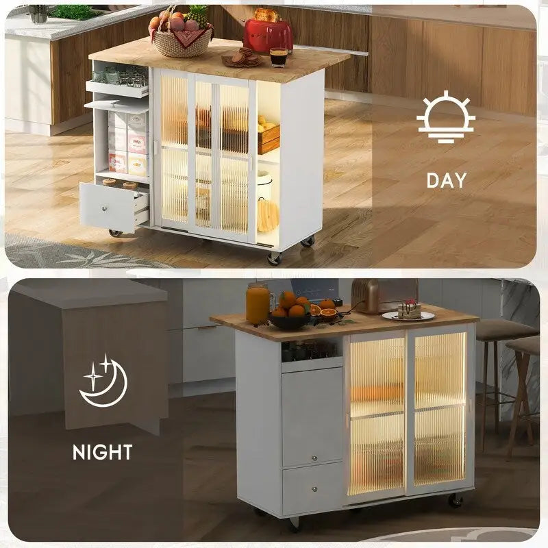 Desserte de cuisine à roulettes avec abattant, éclairage LED, 2 portes vitrées cannelées et 1 porte d'armoire basculante