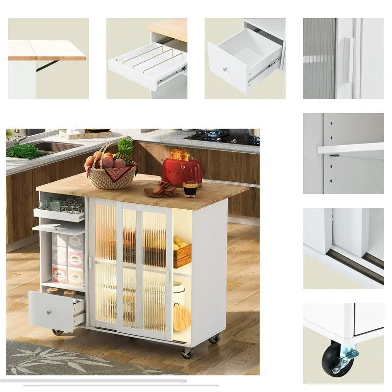 Desserte de cuisine à roulettes avec abattant, éclairage LED, 2 portes vitrées cannelées et 1 porte d'armoire basculante