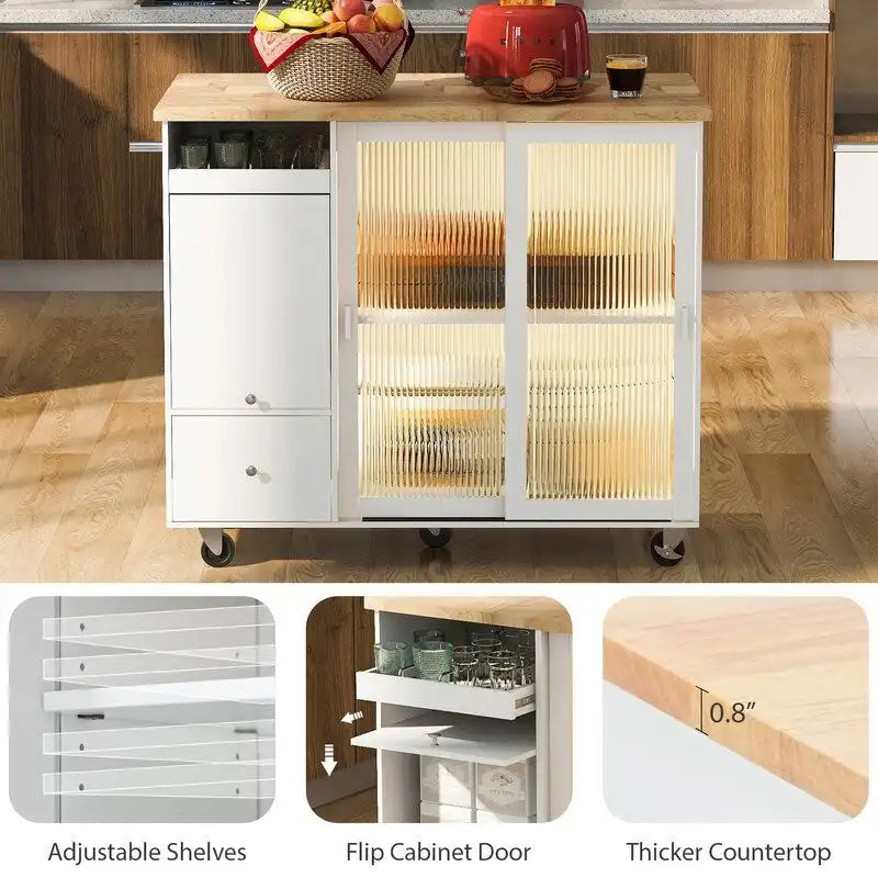 Desserte de cuisine à roulettes avec abattant, éclairage LED, 2 portes vitrées cannelées et 1 porte d'armoire basculante
