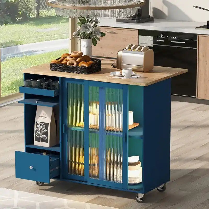 Desserte de cuisine à roulettes avec abattant, éclairage LED, 2 portes vitrées cannelées et 1 porte d'armoire basculante
