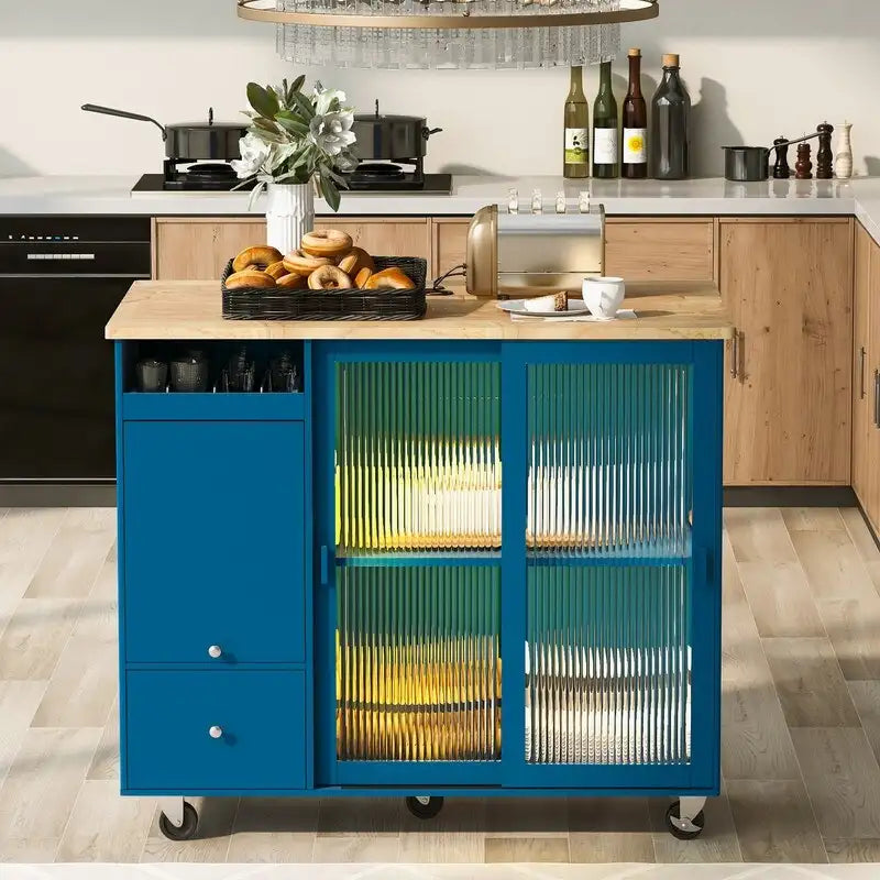 Desserte de cuisine à roulettes avec abattant, éclairage LED, 2 portes vitrées cannelées et 1 porte d'armoire basculante