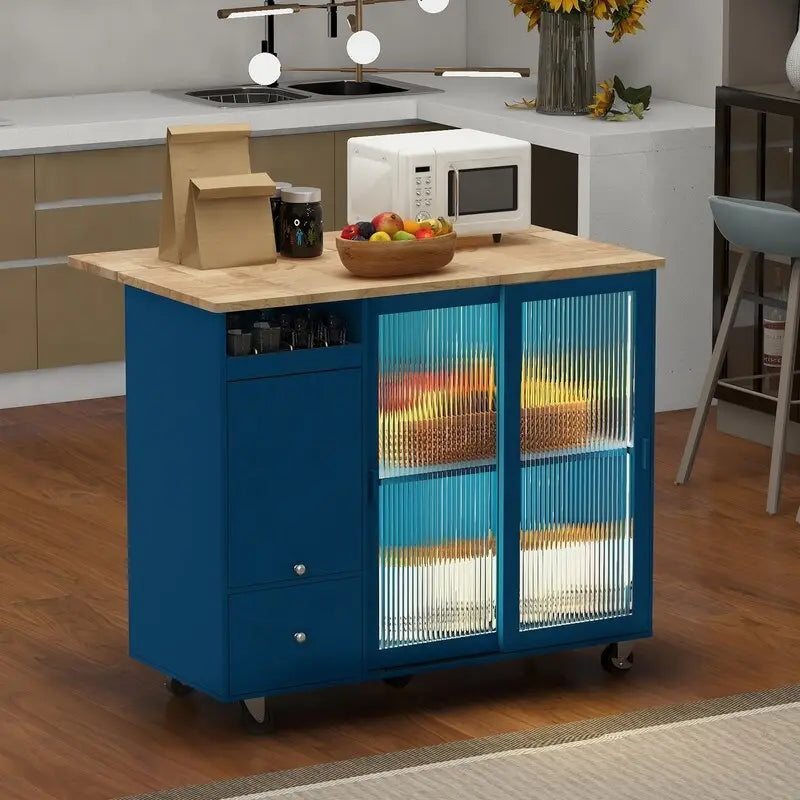 Desserte de cuisine à roulettes avec abattant, éclairage LED, 2 portes vitrées cannelées et 1 porte d'armoire basculante