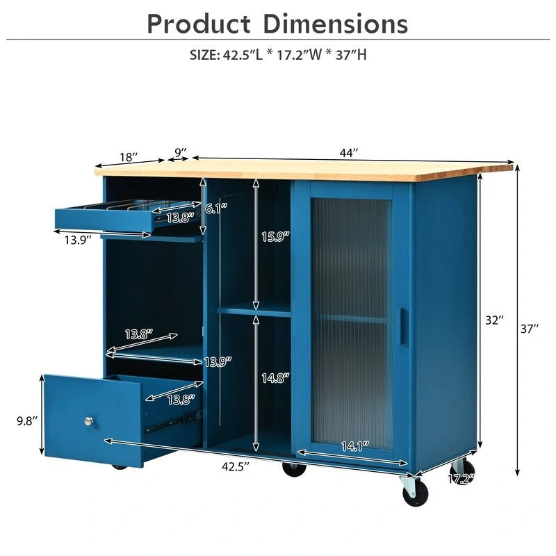 Desserte de cuisine à roulettes avec abattant, éclairage LED, 2 portes vitrées cannelées et 1 porte d'armoire basculante