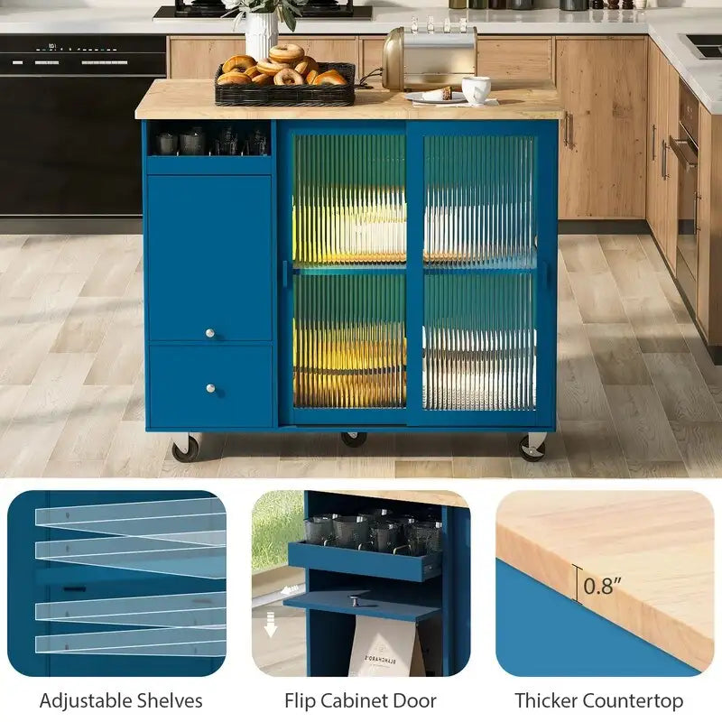 Desserte de cuisine à roulettes avec abattant, éclairage LED, 2 portes vitrées cannelées et 1 porte d'armoire basculante