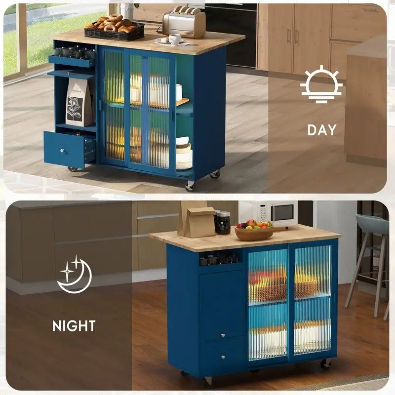 Desserte de cuisine à roulettes avec abattant, éclairage LED, 2 portes vitrées cannelées et 1 porte d'armoire basculante
