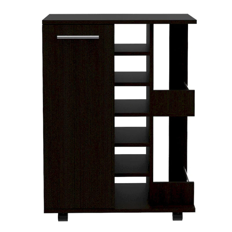 Chariot de bar 2 étagères 6 bouteilles avec séparation Wengé noir pour cuisine, fête et salon