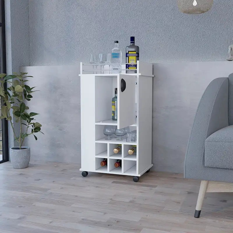 Desserte à roulettes, six casiers à bouteilles et une porte pour la cuisine, les réceptions et le salon