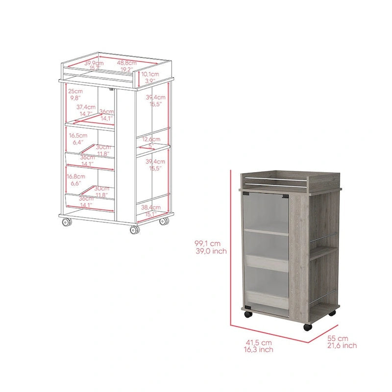 Desserte à roulettes, six casiers à bouteilles et une porte pour la cuisine, les réceptions et le salon