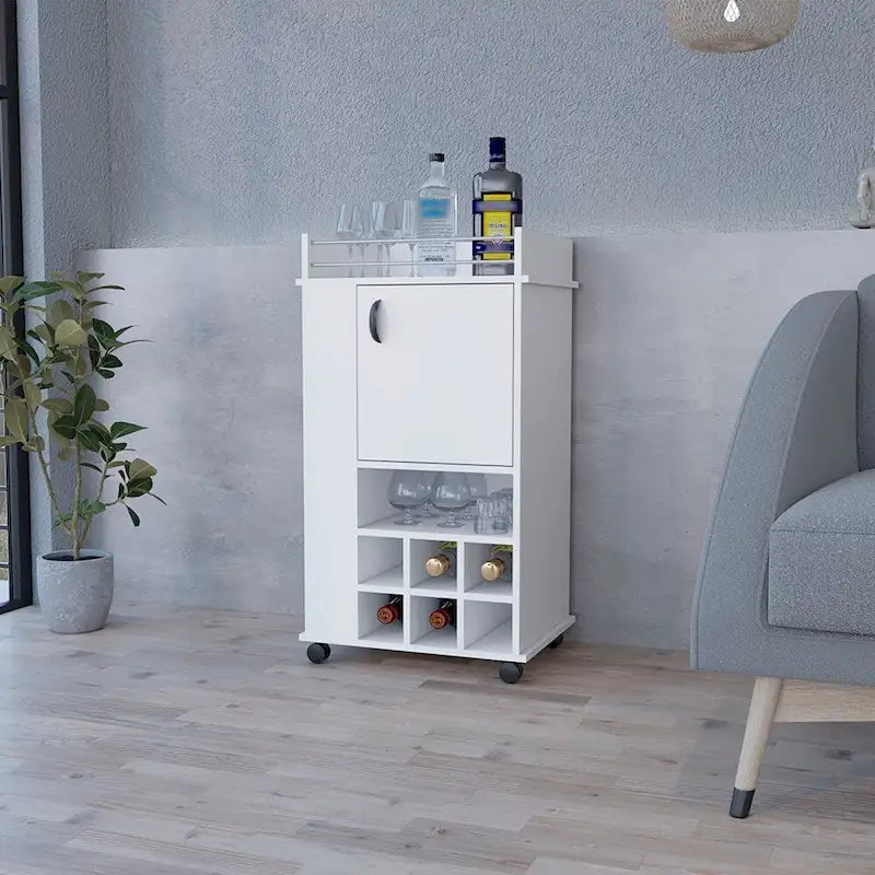 Desserte à roulettes, six casiers à bouteilles et une porte pour la cuisine, les réceptions et le salon