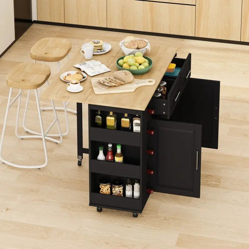 Desservante d'îlot de cuisine multifonctionnelle avec porte-épices, casier à vin, porte-serviettes et plateau pliable en bois d'hévéa
