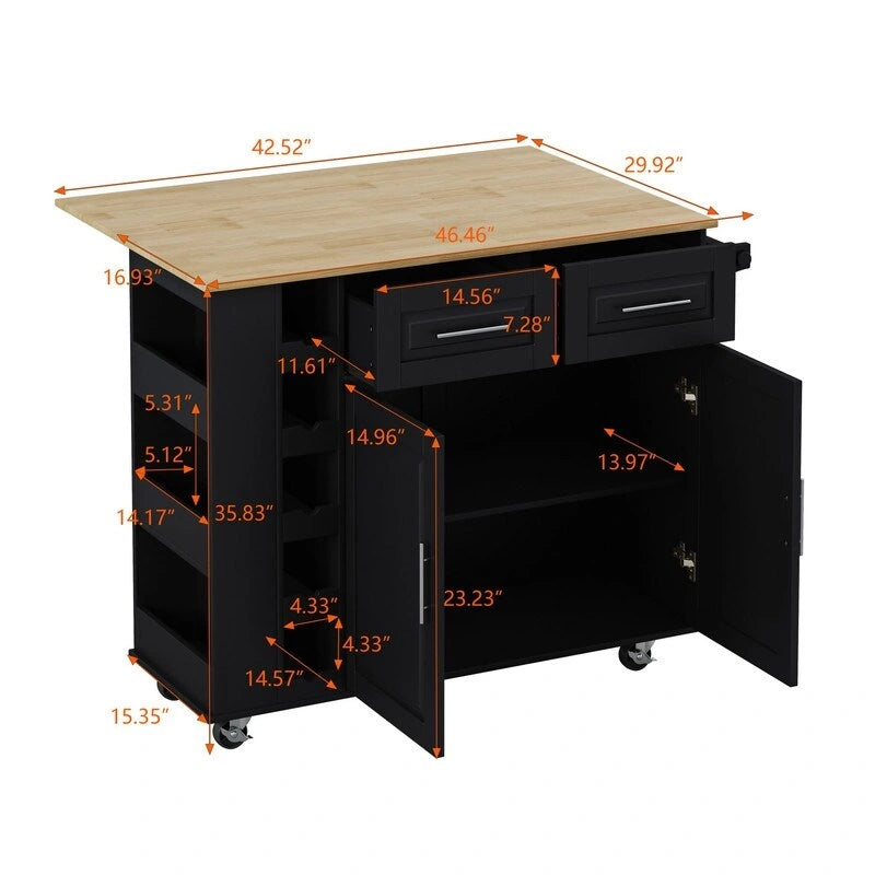 Desservante d'îlot de cuisine multifonctionnelle avec porte-épices, casier à vin, porte-serviettes et plateau pliable en bois d'hévéa