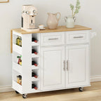 Desservante d'îlot de cuisine multifonctionnelle avec porte-épices, casier à vin, porte-serviettes et plateau pliable en bois d'hévéa