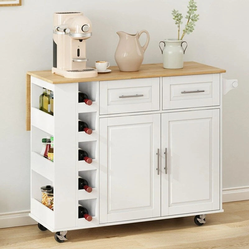 Desservante d'îlot de cuisine multifonctionnelle avec porte-épices, casier à vin, porte-serviettes et plateau pliable en bois d'hévéa