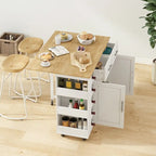 Desservante d'îlot de cuisine multifonctionnelle avec porte-épices, casier à vin, porte-serviettes et plateau pliable en bois d'hévéa
