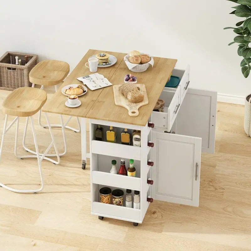 Desservante d'îlot de cuisine multifonctionnelle avec porte-épices, casier à vin, porte-serviettes et plateau pliable en bois d'hévéa