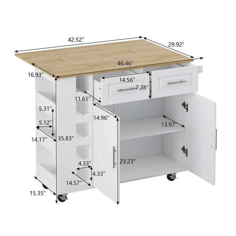 Desservante d'îlot de cuisine multifonctionnelle avec porte-épices, casier à vin, porte-serviettes et plateau pliable en bois d'hévéa
