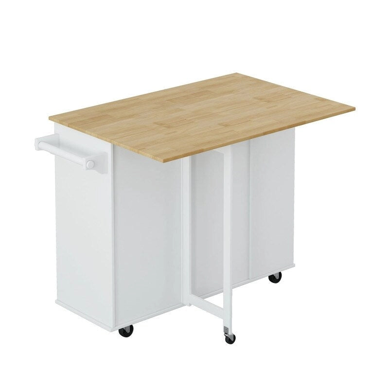 Desservante d'îlot de cuisine multifonctionnelle avec porte-épices, casier à vin, porte-serviettes et plateau pliable en bois d'hévéa