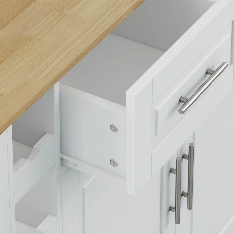 Desservante d'îlot de cuisine multifonctionnelle avec porte-épices, casier à vin, porte-serviettes et plateau pliable en bois d'hévéa