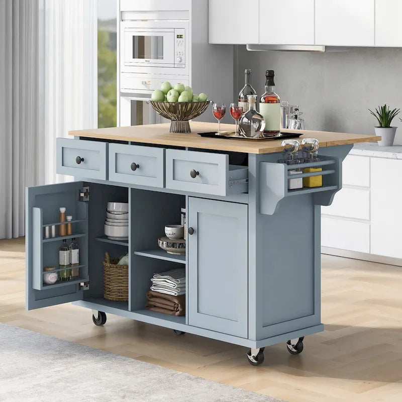 Kitchen Cart with Rubber wood Drop-Leaf Countertop ,Cabinet Door Internal Storage Racks