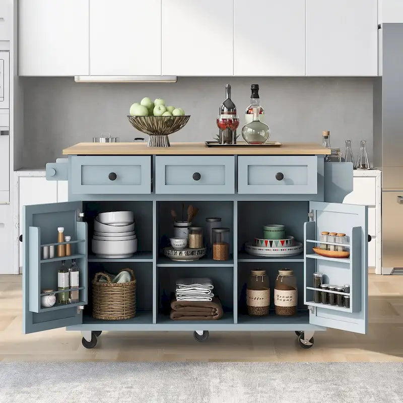 Chariot de cuisine avec plan de travail abattant en bois d'hévéa, étagères de rangement internes dans la porte de l'armoire