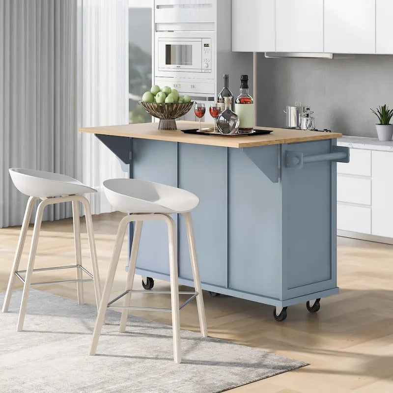 Chariot de cuisine avec plan de travail abattant en bois d'hévéa, étagères de rangement internes dans la porte de l'armoire