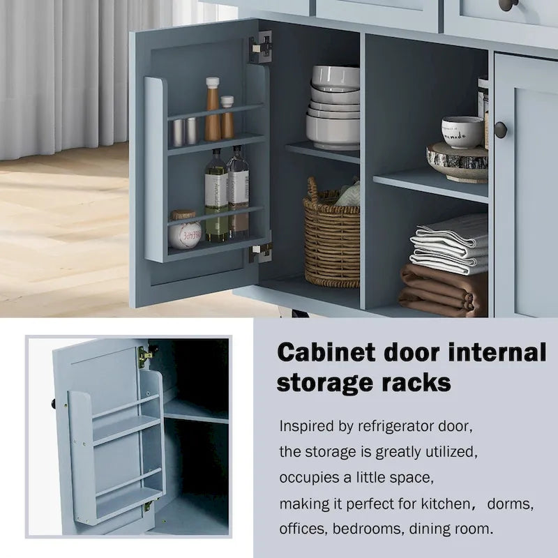 Chariot de cuisine avec plan de travail abattant en bois d'hévéa, étagères de rangement internes dans la porte de l'armoire