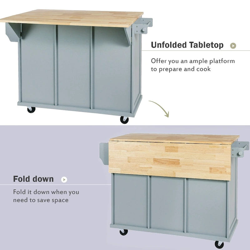 Chariot de cuisine avec plan de travail abattant en bois d'hévéa, étagères de rangement internes dans la porte de l'armoire