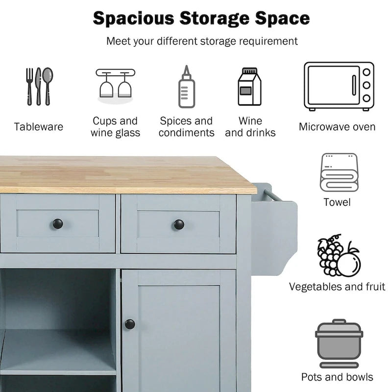Chariot de cuisine avec plan de travail abattant en bois d'hévéa, étagères de rangement internes dans la porte de l'armoire