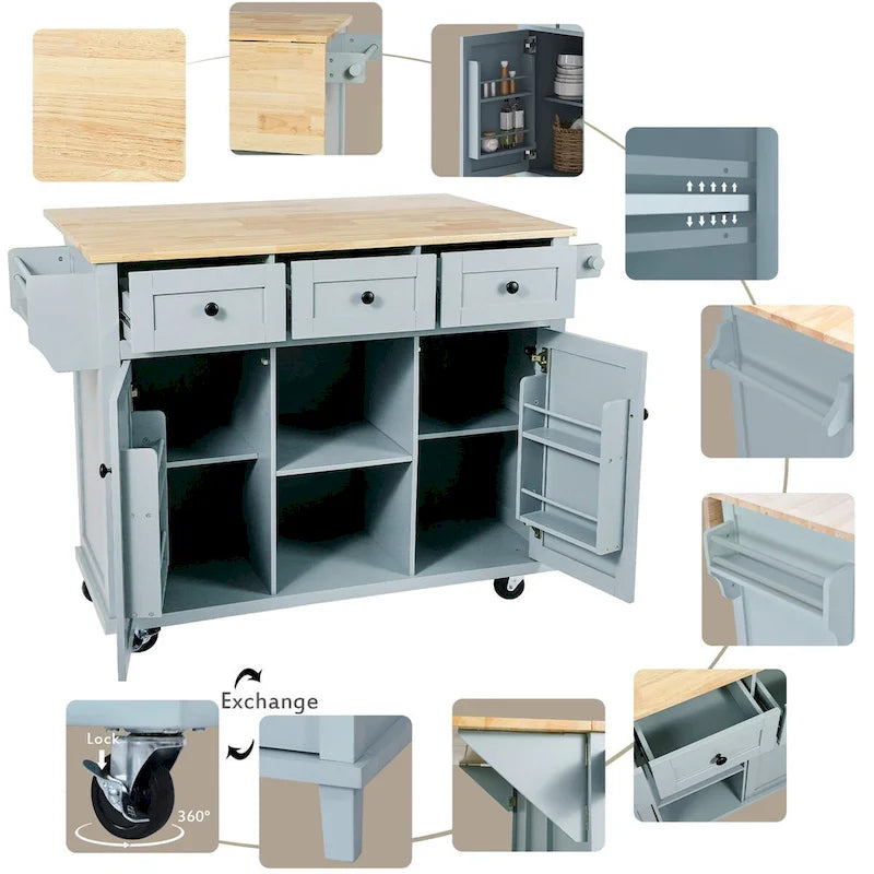 Chariot de cuisine avec plan de travail abattant en bois d'hévéa, étagères de rangement internes dans la porte de l'armoire