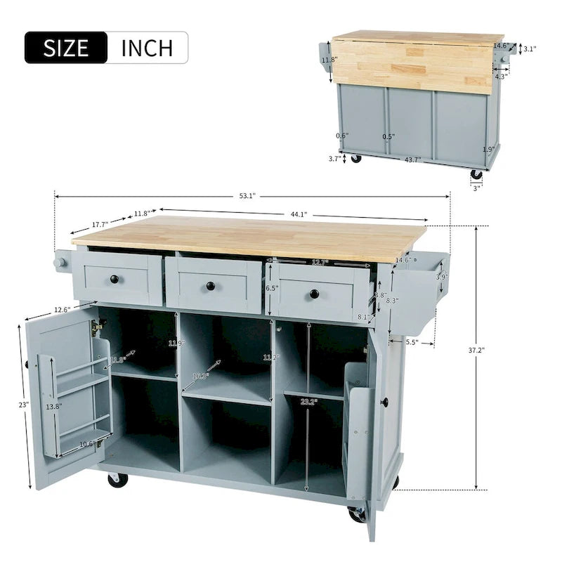 Chariot de cuisine avec plan de travail abattant en bois d'hévéa, étagères de rangement internes dans la porte de l'armoire
