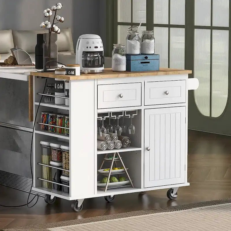 Desserte îlot de cuisine avec roulettes, prise électrique, abattant, casier à vin