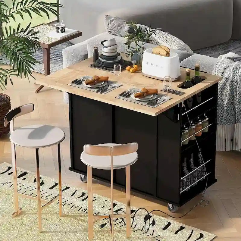 Desserte îlot de cuisine avec roulettes, prise électrique, abattant, casier à vin