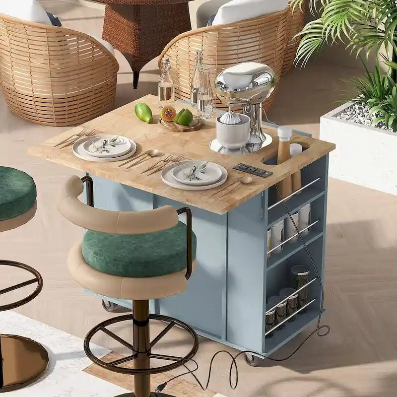 Desserte îlot de cuisine avec roulettes, prise électrique, abattant, casier à vin